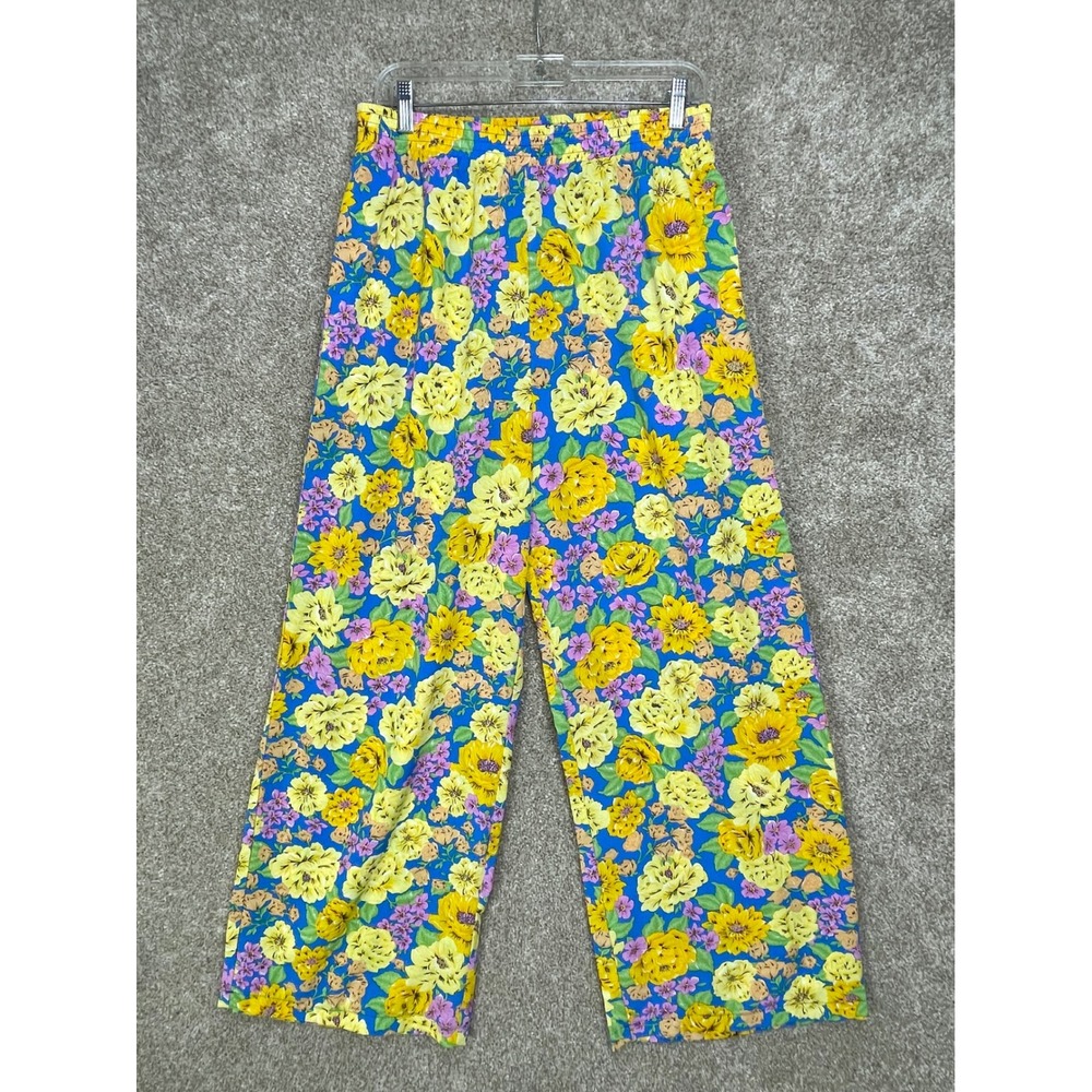 Lulus Floral Print Wide Leg Pants Womens L Blue Yellow Flowy Cottagecore Resort - Picture 2 of 9